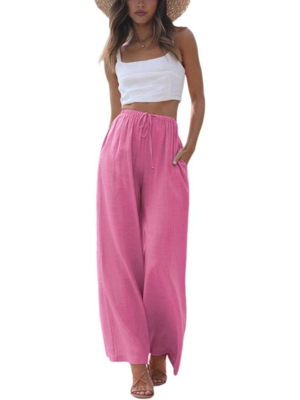 Women's Pink High Rise Flowy Wide Beach Trousers with Pockets Palazzo Pants